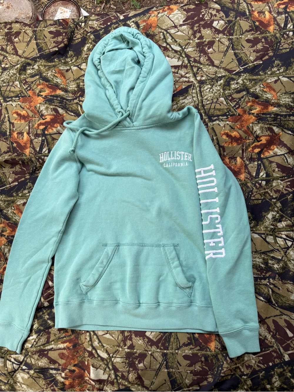 Hollister California Sage Green Pullover Hoodie Sleeve Spellout Logo Small
